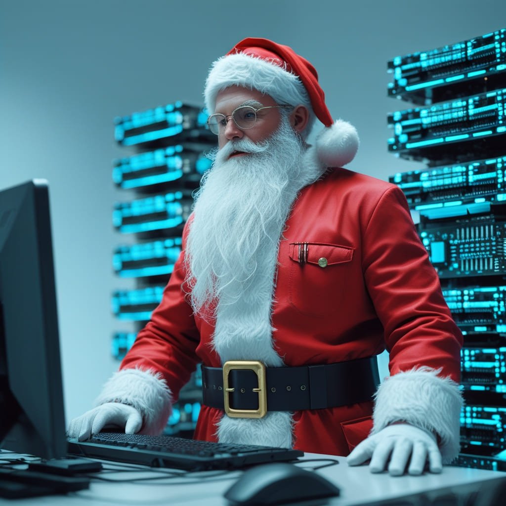 santa working in an office