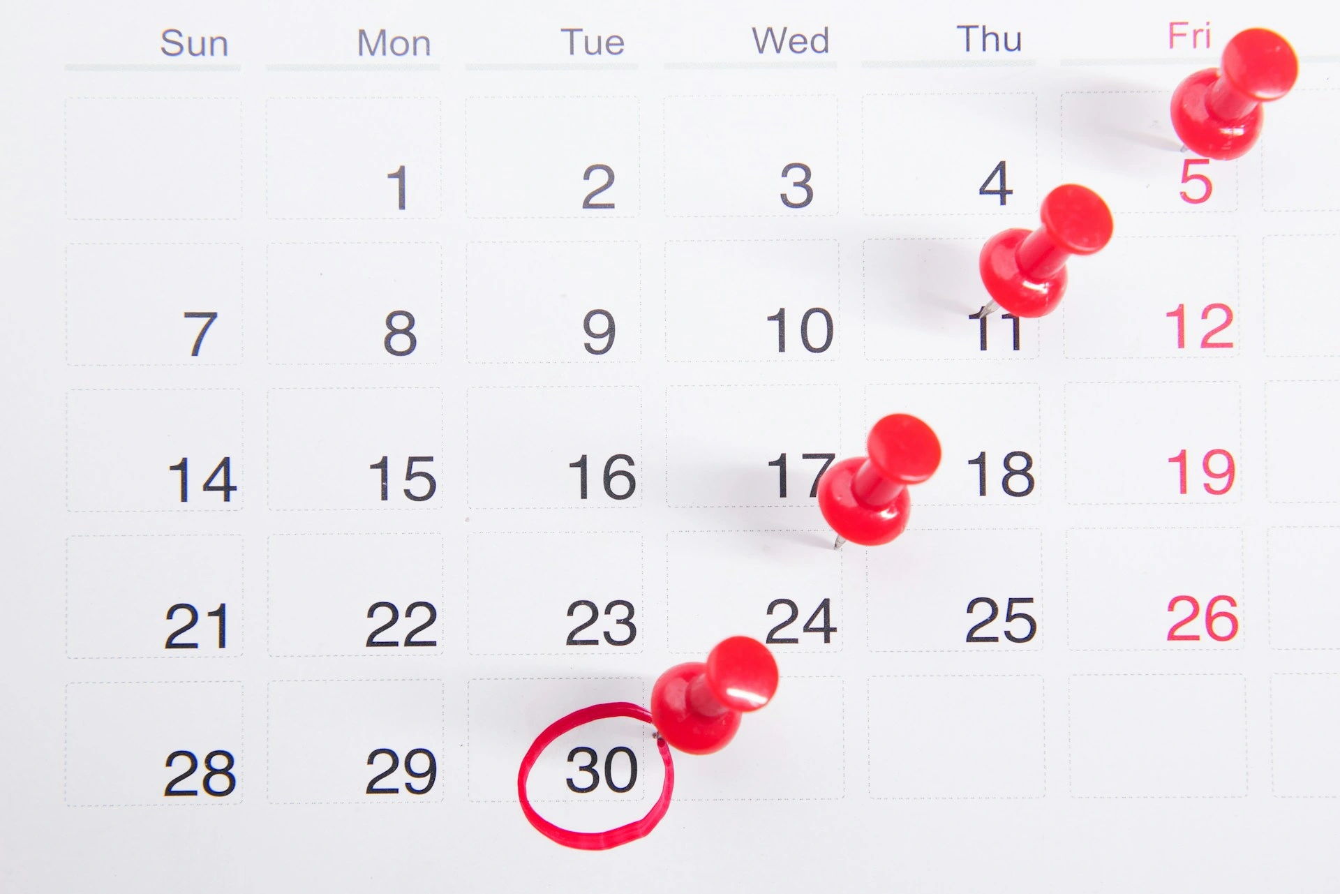 Calendar with some dates marked